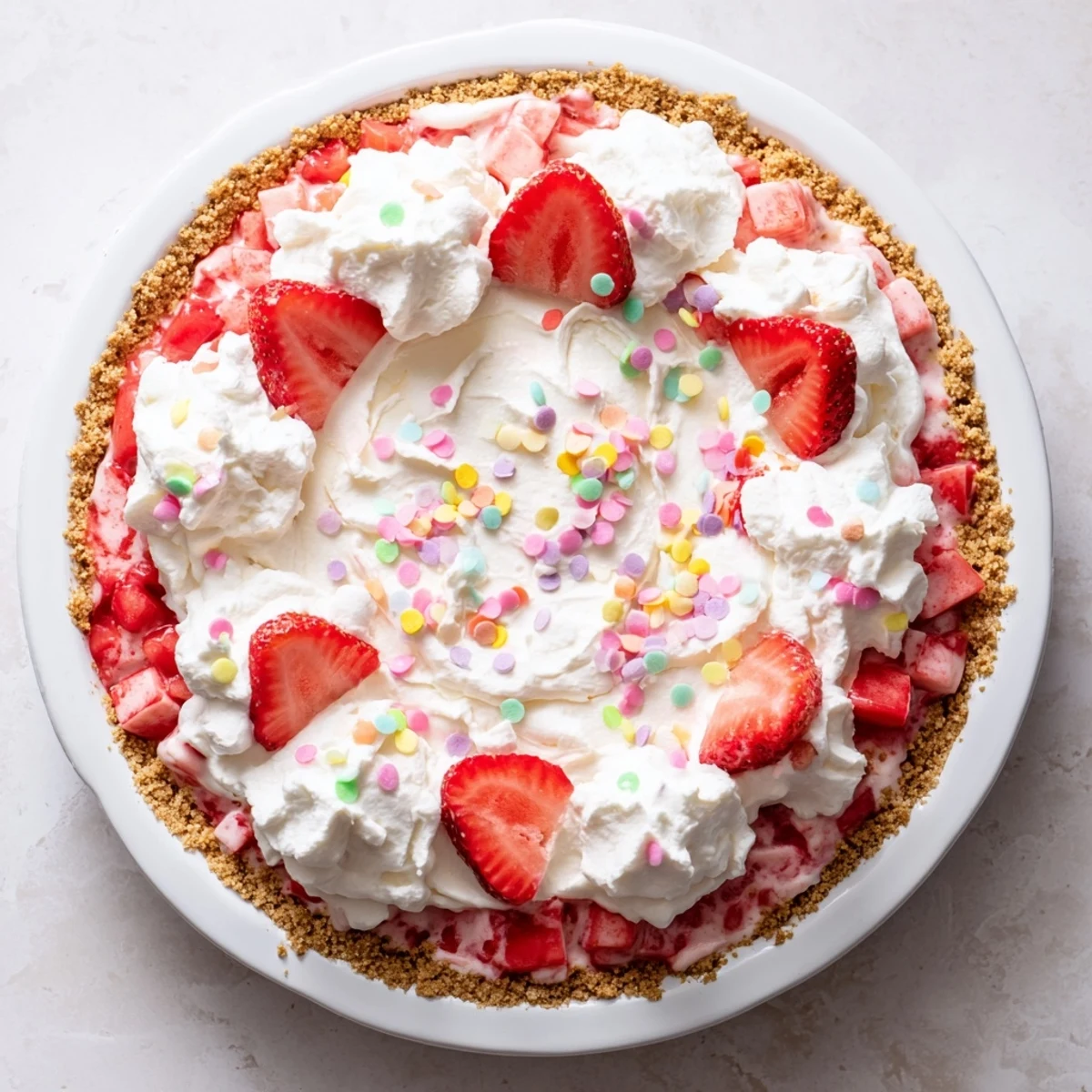 Creamy strawberry delight pie featuring layered Jello and cream cheese filling in a golden crust garnished with pastel Easter sprinkles