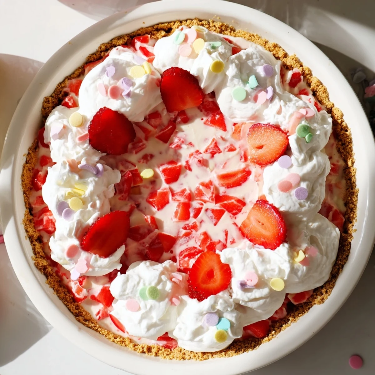 Easter no bake Jello pie with creamy strawberry filling and graham cracker crust topped with fresh sliced berries and whipped cream