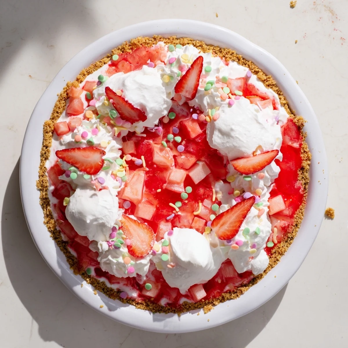 No bake strawberry Jello pie slices revealing the vibrant red fruity swirls atop smooth white cream cheese layer with fresh strawberry garnish