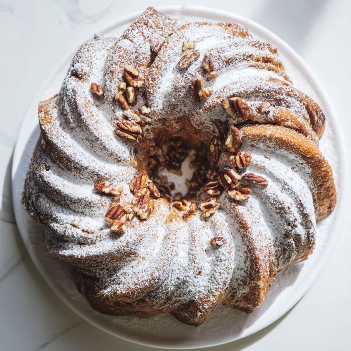 Golden breakfast Bundt coffee cake with cinnamon swirl and dusted powdered sugar topping