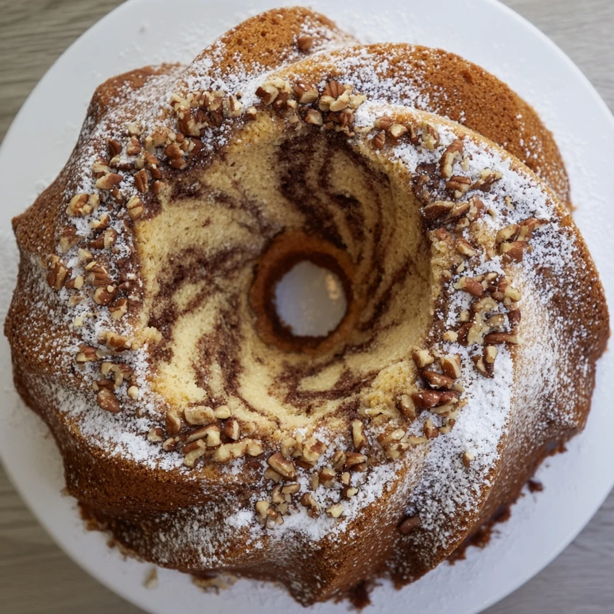 Tender cinnamon-swirled breakfast Bundt coffee cake served on a white plate for brunch