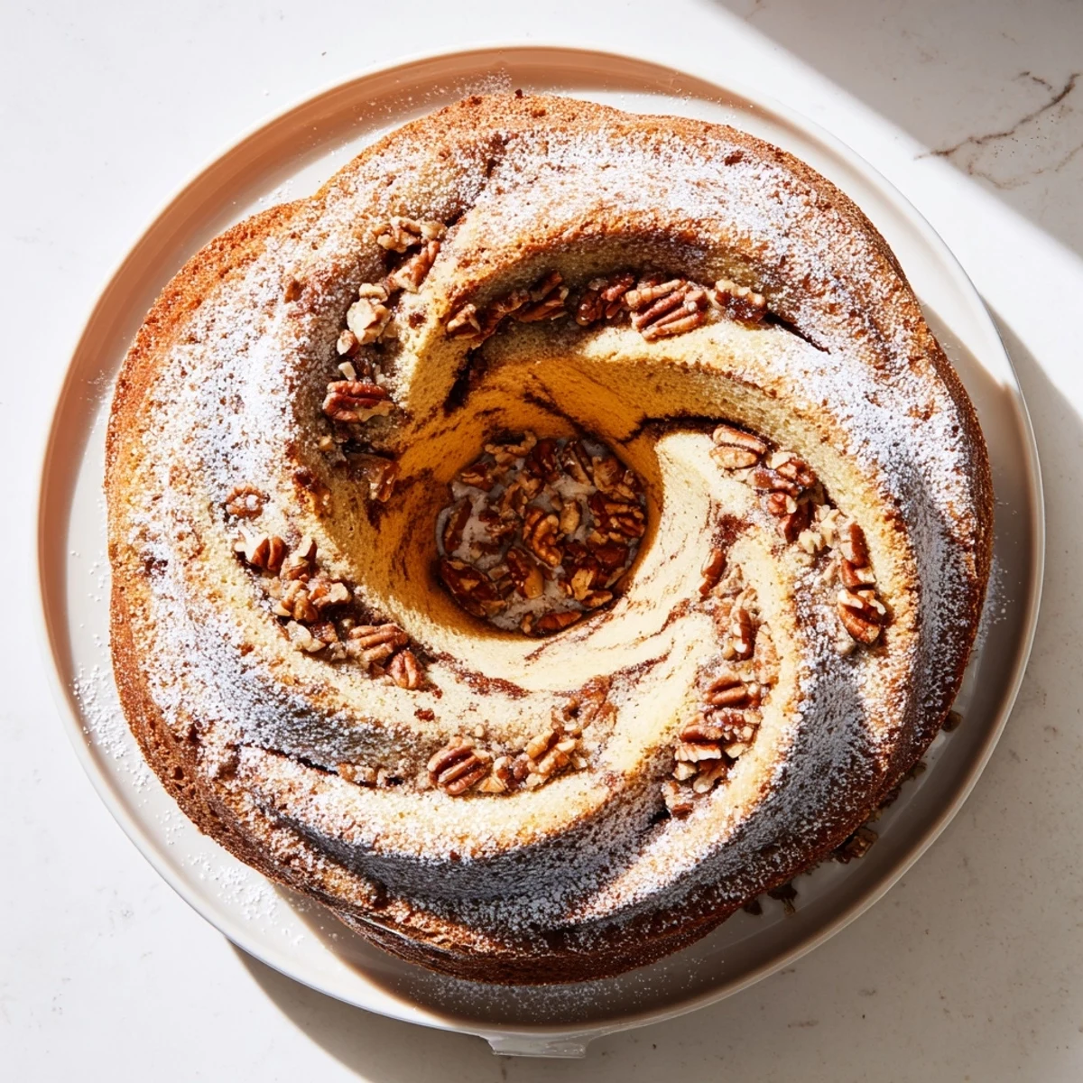 Sliced breakfast Bundt coffee cake revealing marbled cinnamon layers on a wooden cutting board