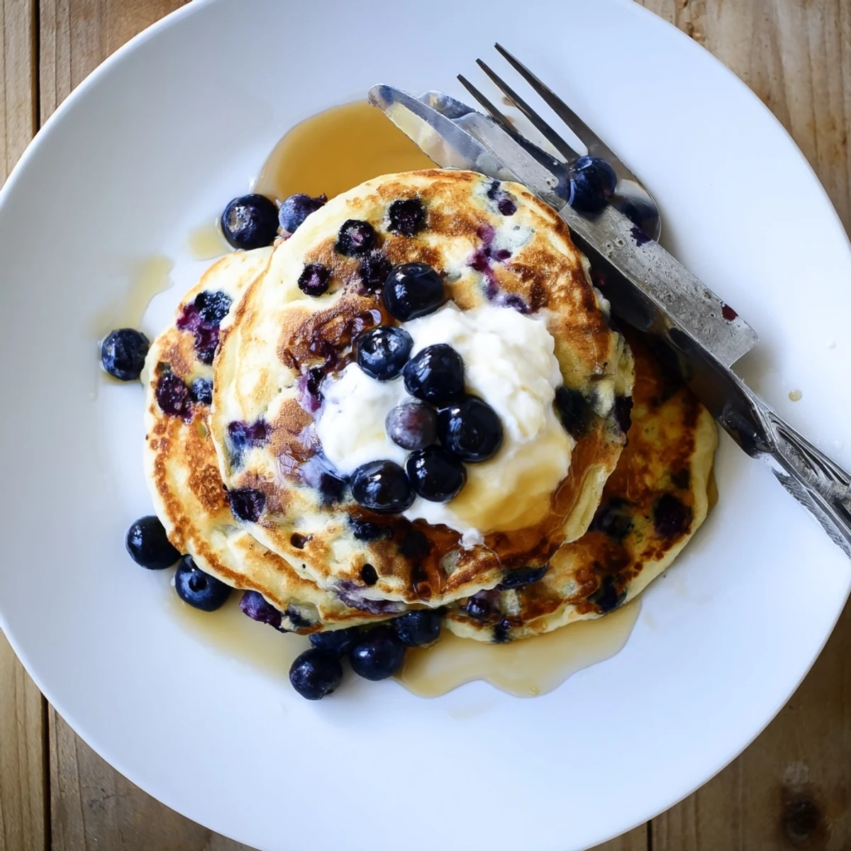 Stack of wholesome blueberry pancakes featuring Greek yogurt for extra protein served with butter and warm syrup