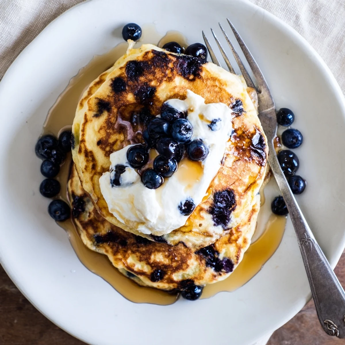 Perfectly cooked American breakfast pancakes made with creamy Greek yogurt and bursting with juicy blueberry pieces