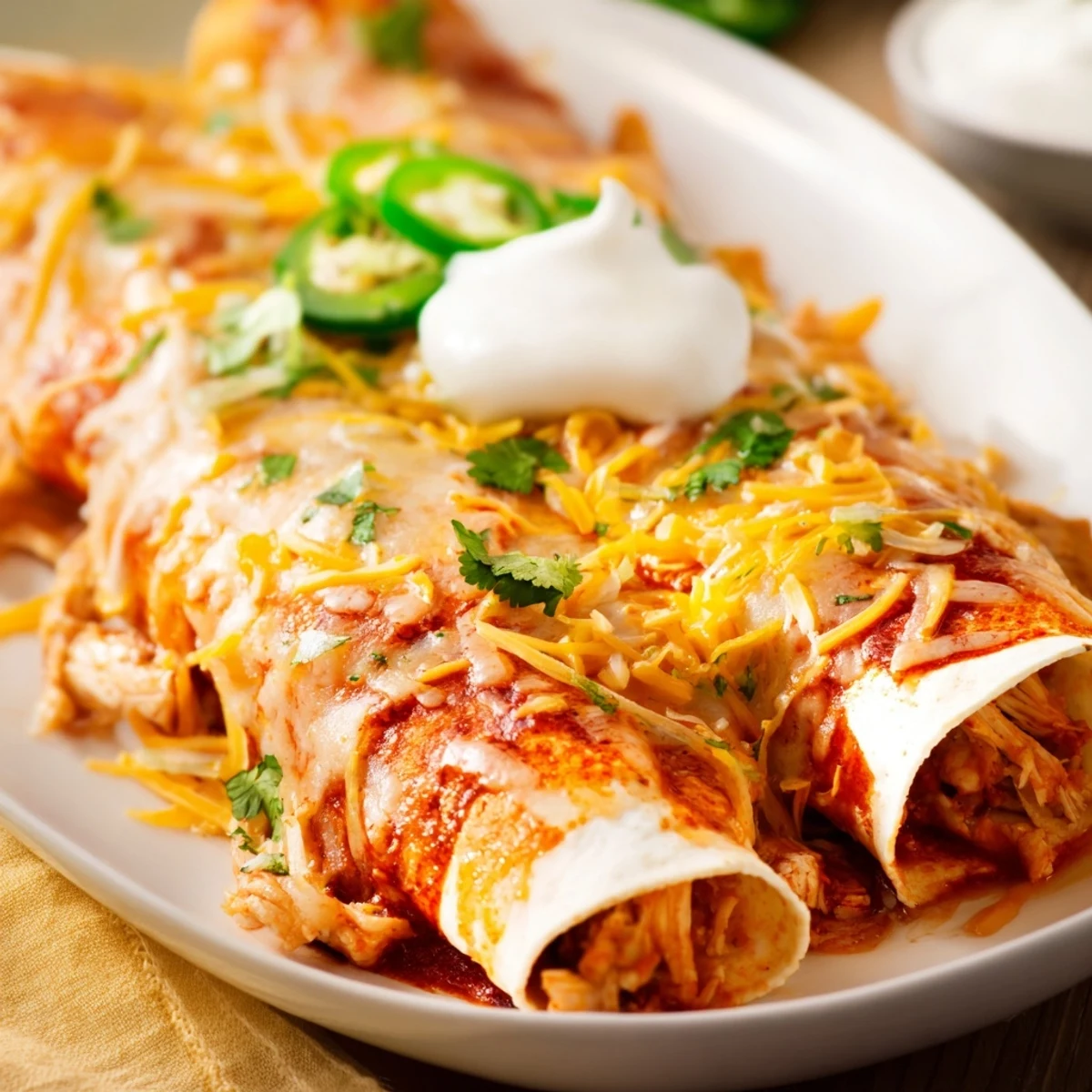 Golden chicken enchiladas baked with melted cheese and zesty red sauce