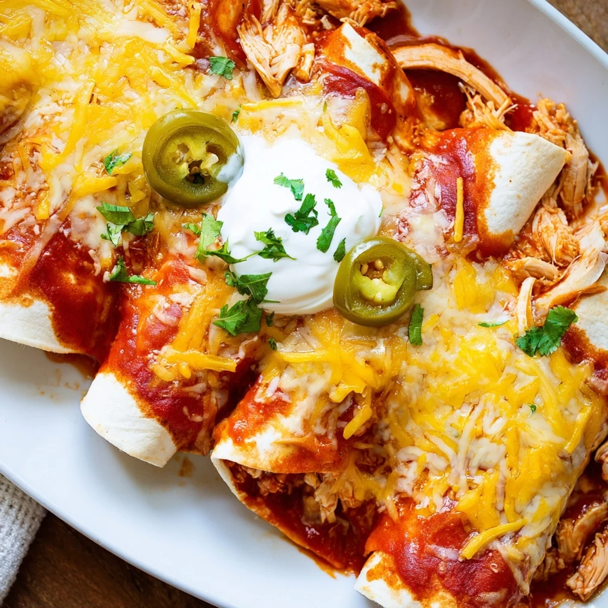 Tender shredded chicken enchiladas topped with bubbly cheese and fresh cilantro