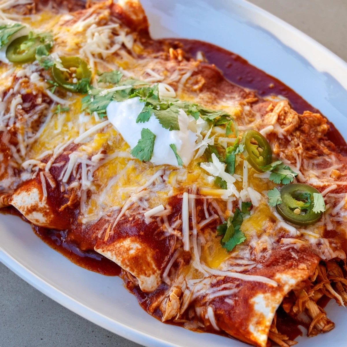Chicken enchiladas smothered in enchilada sauce garnished with jalapeño slices