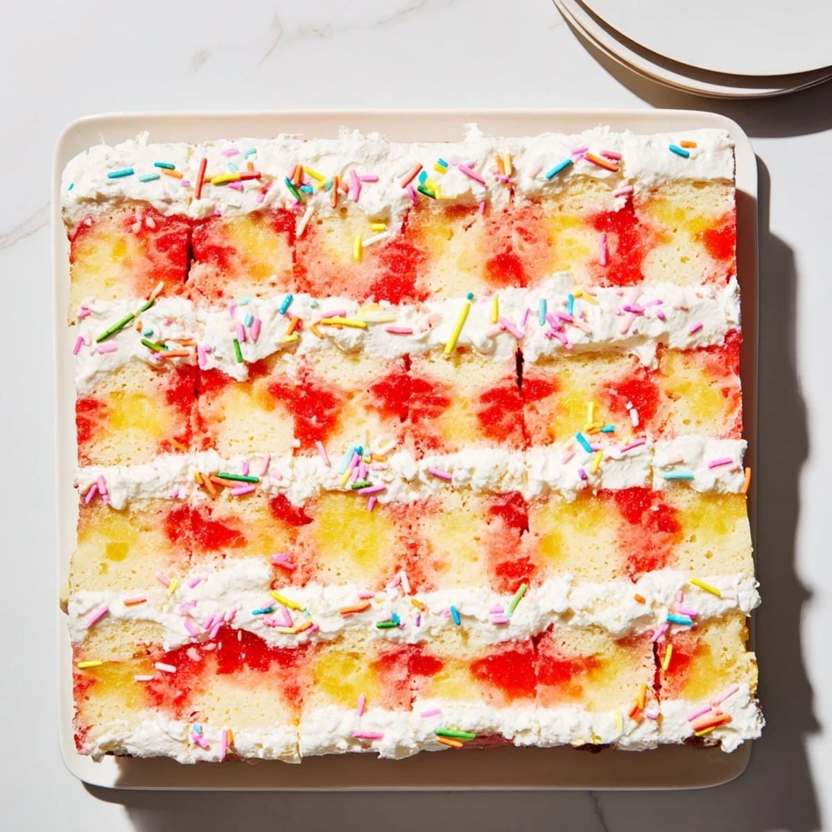 Colorful Easter poke cake with vanilla gelatin, whipped cream, and pastel sprinkles on white plate.