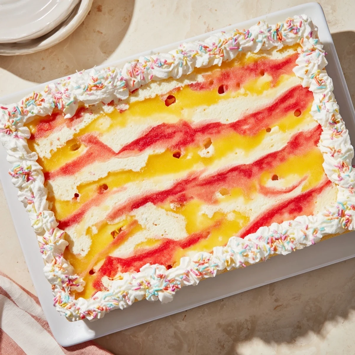 Festive Easter poke cake topped with sweet whipped cream and colorful sprinkles for spring dessert.