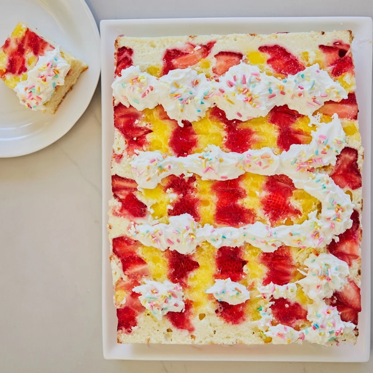 Sliced Easter poke cake revealing strawberry and lemon gelatin pockets beneath fluffy vanilla whipped topping.
