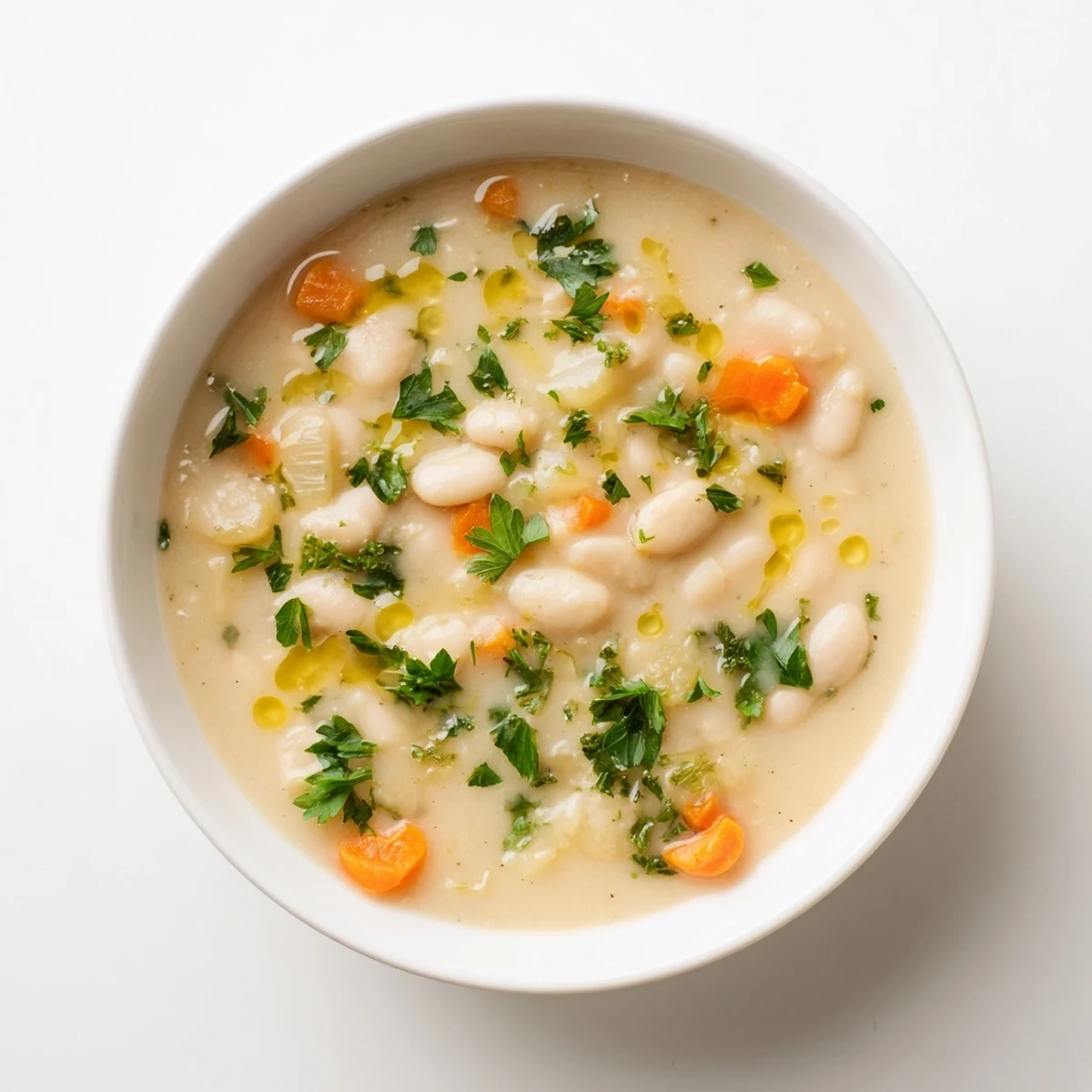 Golden vegetable broth bowl filled with tender white beans, fresh rosemary sprigs, and minced garlic