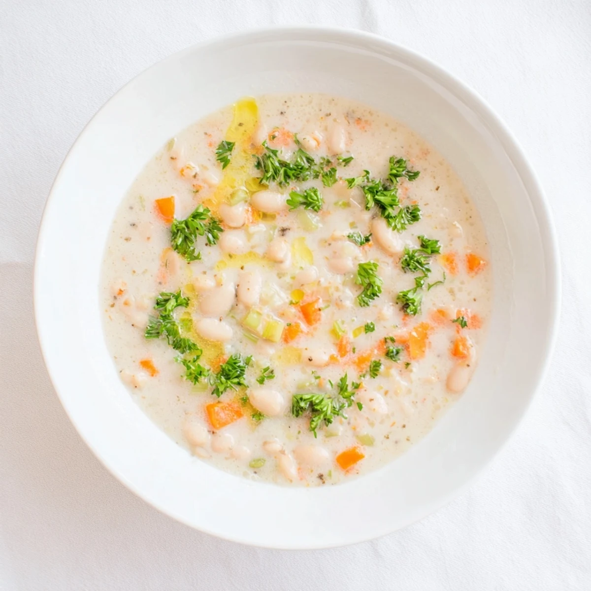 Hearty rosemary garlic white bean soup garnished with parsley and served beside crusty bread slices