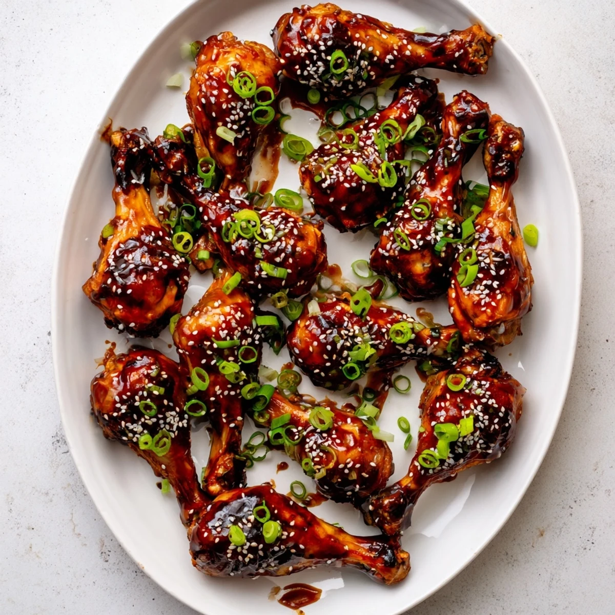 Tender slow cooker Asian glazed chicken drumsticks brushed with thickened savory glaze and fresh green scallions on a white serving platter