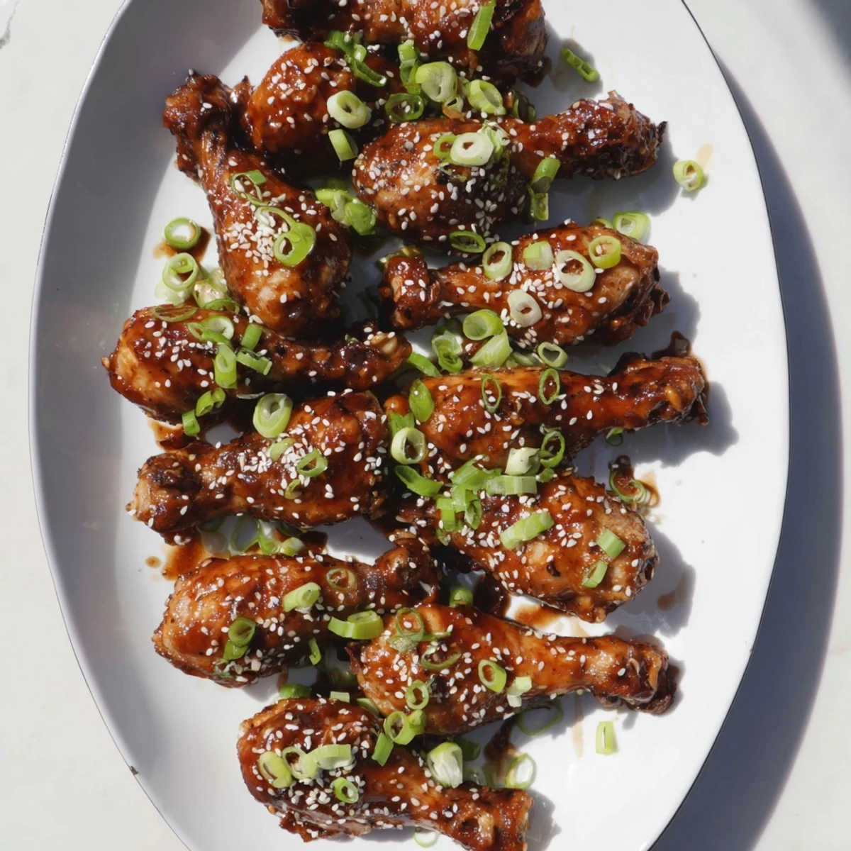 Fall-off-the-bone slow cooker Asian glazed chicken drumsticks glistening with caramelized hoisin brown sugar sauce and sesame seeds