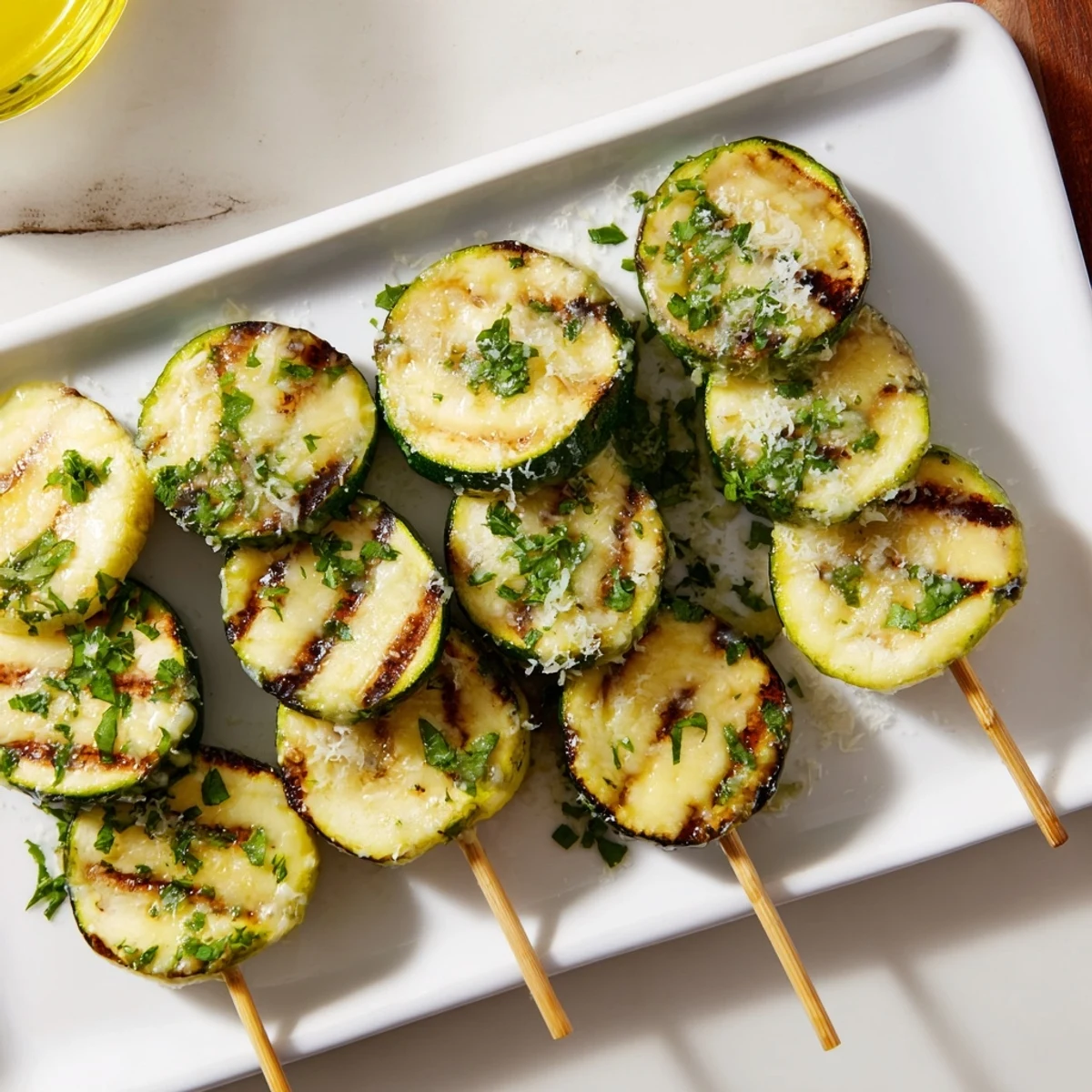 Golden grilled zucchini skewers brushed with melted garlic butter and fresh parsley