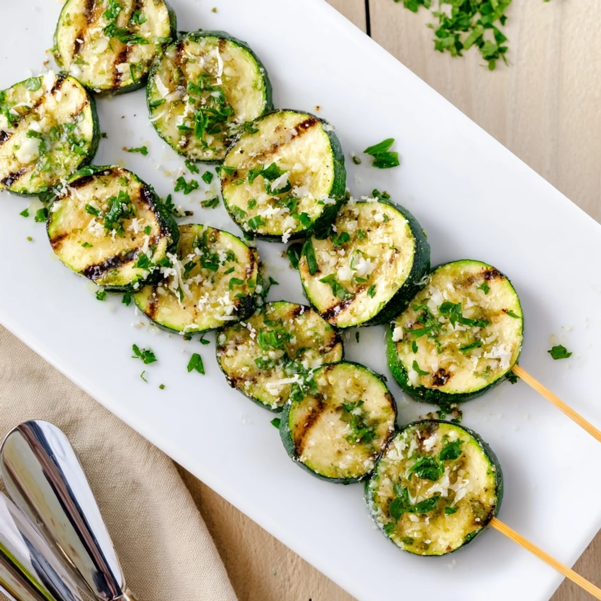 Easy garlic butter zucchini skewers with char marks and optional parmesan topping