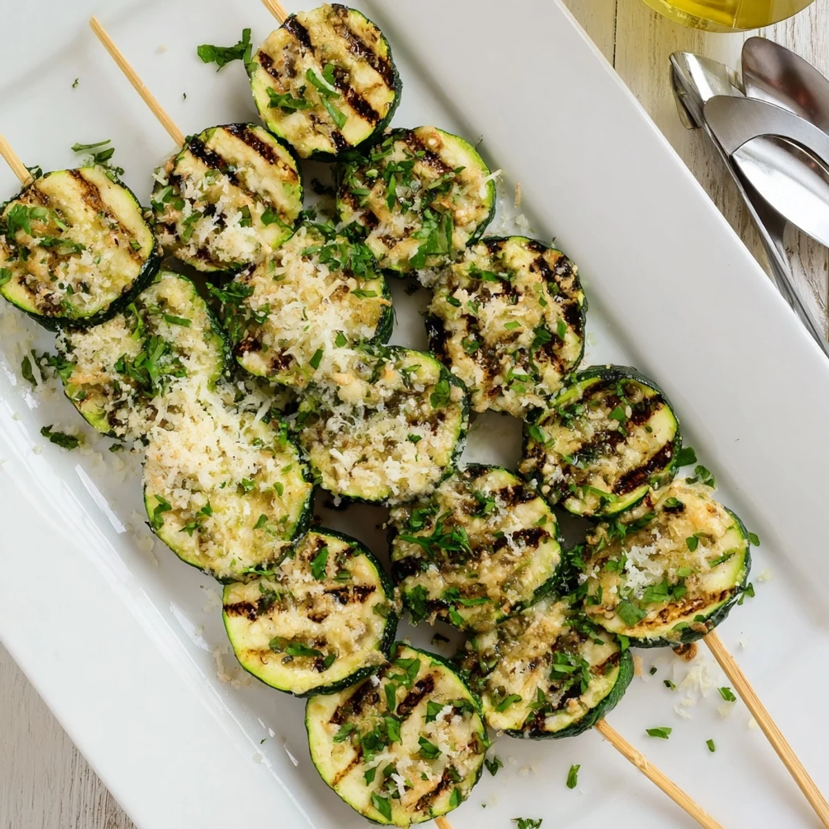 Tender grilled zucchini rounds on skewers coated in rich garlic butter glaze