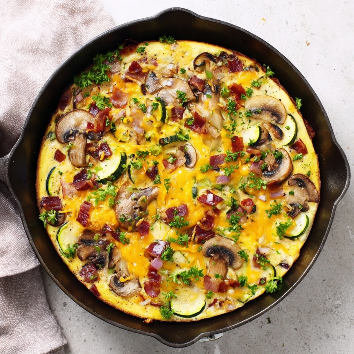 Golden mushroom zucchini and bacon family frittata featuring a fluffy egg custard baked to golden perfection with savory crispy bacon and tender vegetables