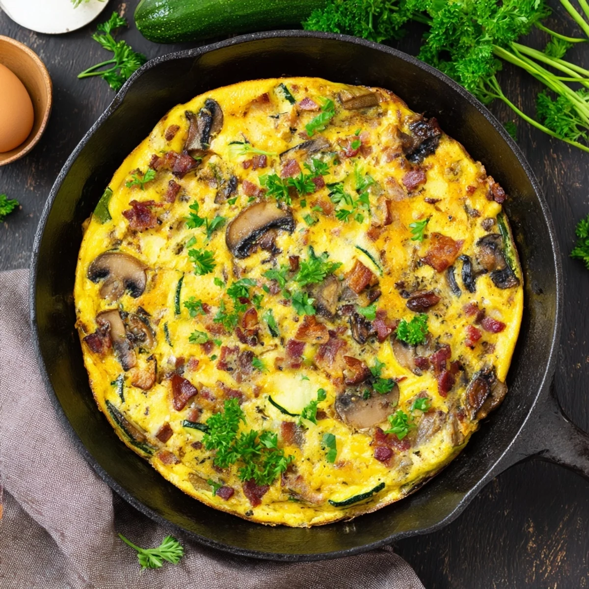 Sliced mushroom zucchini and bacon family frittata served on a white plate with fresh parsley garnish and slightly puffed golden brown top