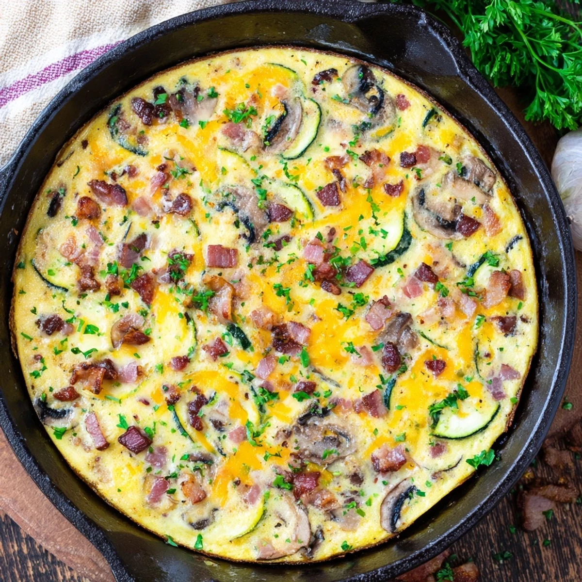 Close-up of mushroom zucchini and bacon family frittata showing melted cheese throughout the eggy texture with diced smoky bacon and colorful vegetable pieces