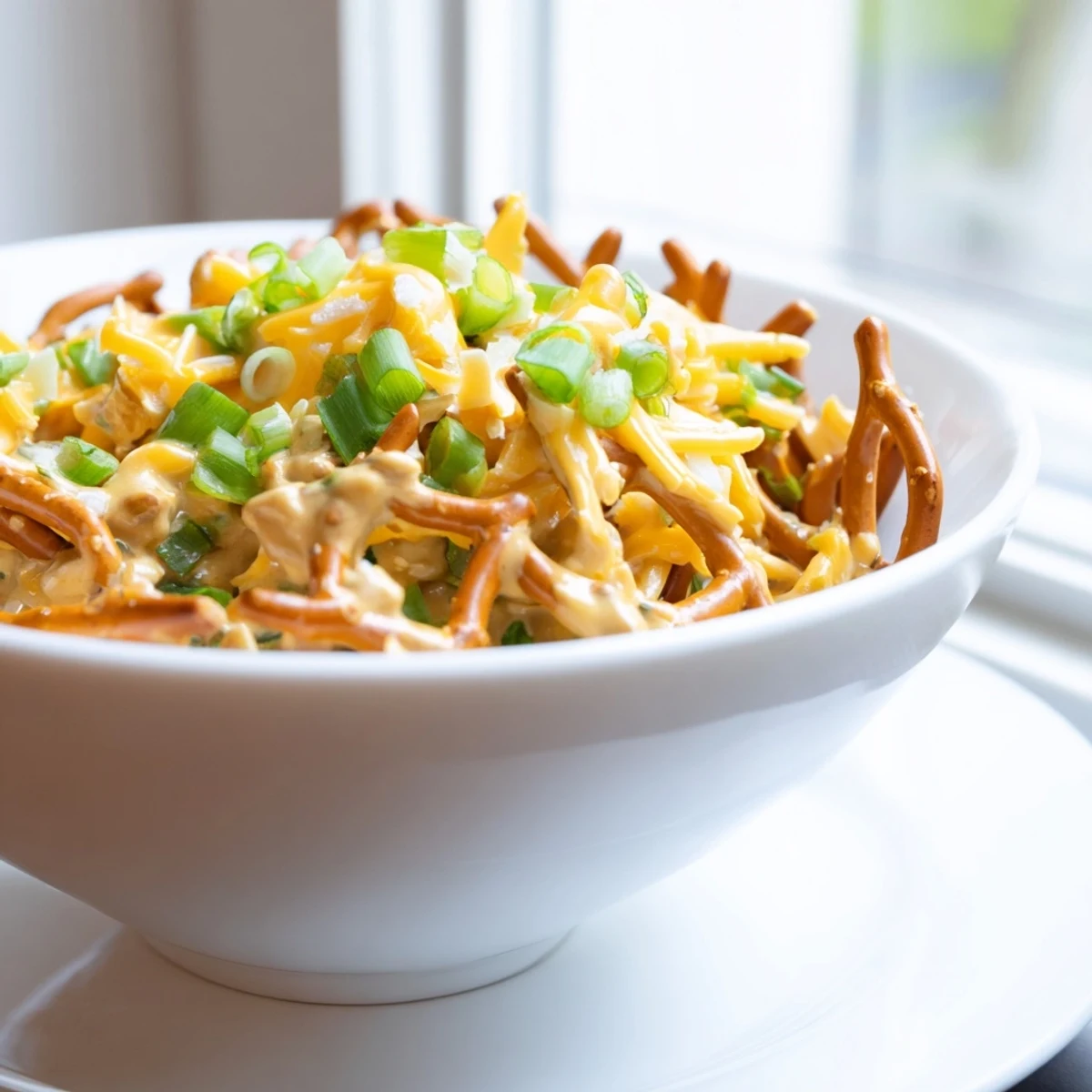 Golden savory pretzel dip topped with fresh chives, served beside warm soft pretzels for dipping