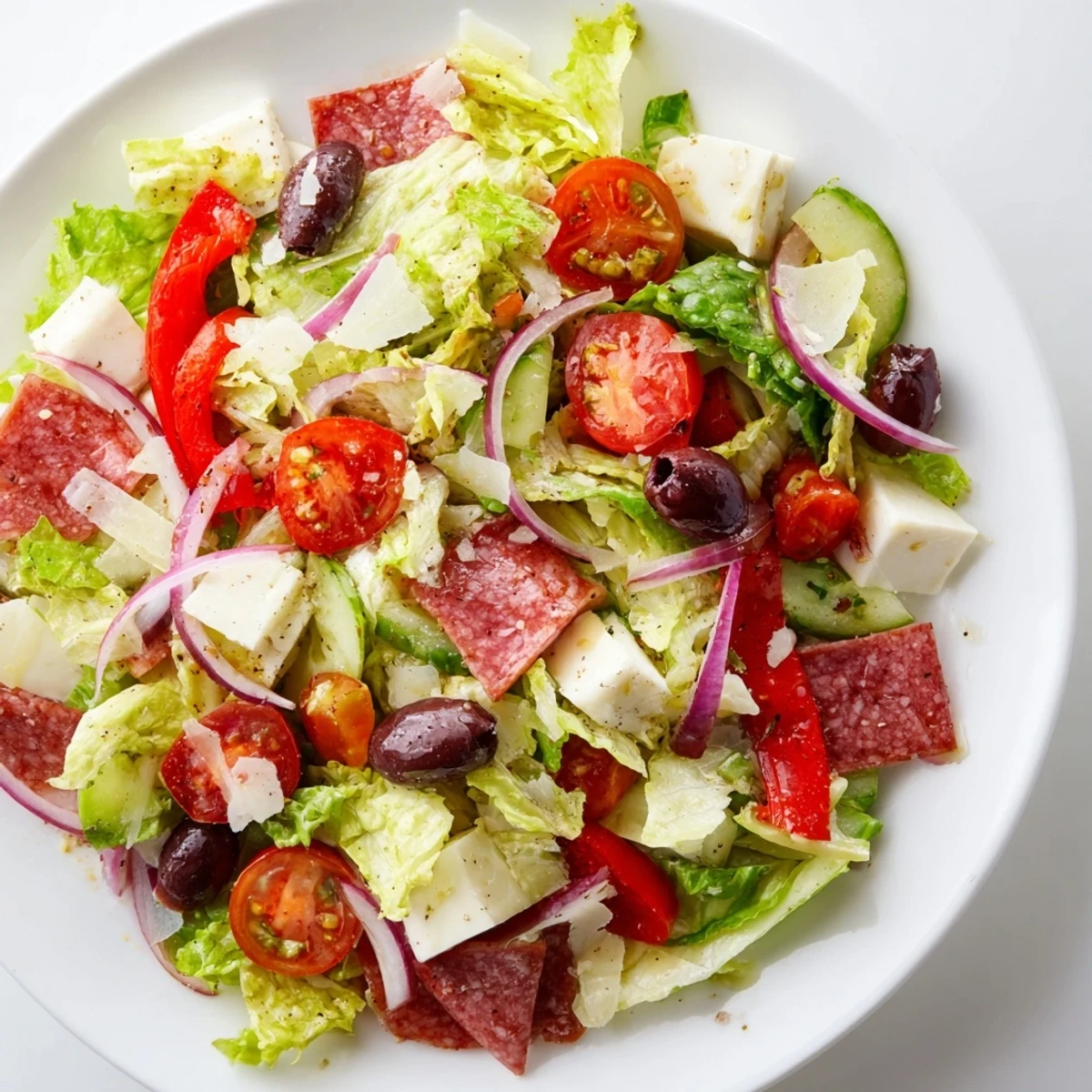 Colorful Italian chopped salad with fresh vegetables, salami, and cheese drizzled with zesty homemade dressing in a white bowl