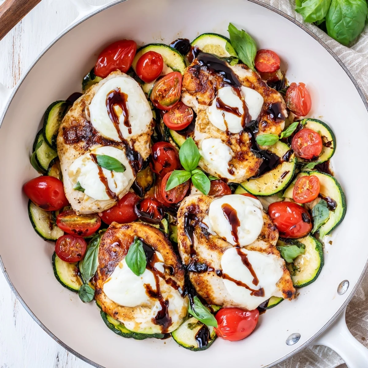 Golden Caprese chicken skillet topped with melted mozzarella, zucchini, and juicy cherry tomatoes