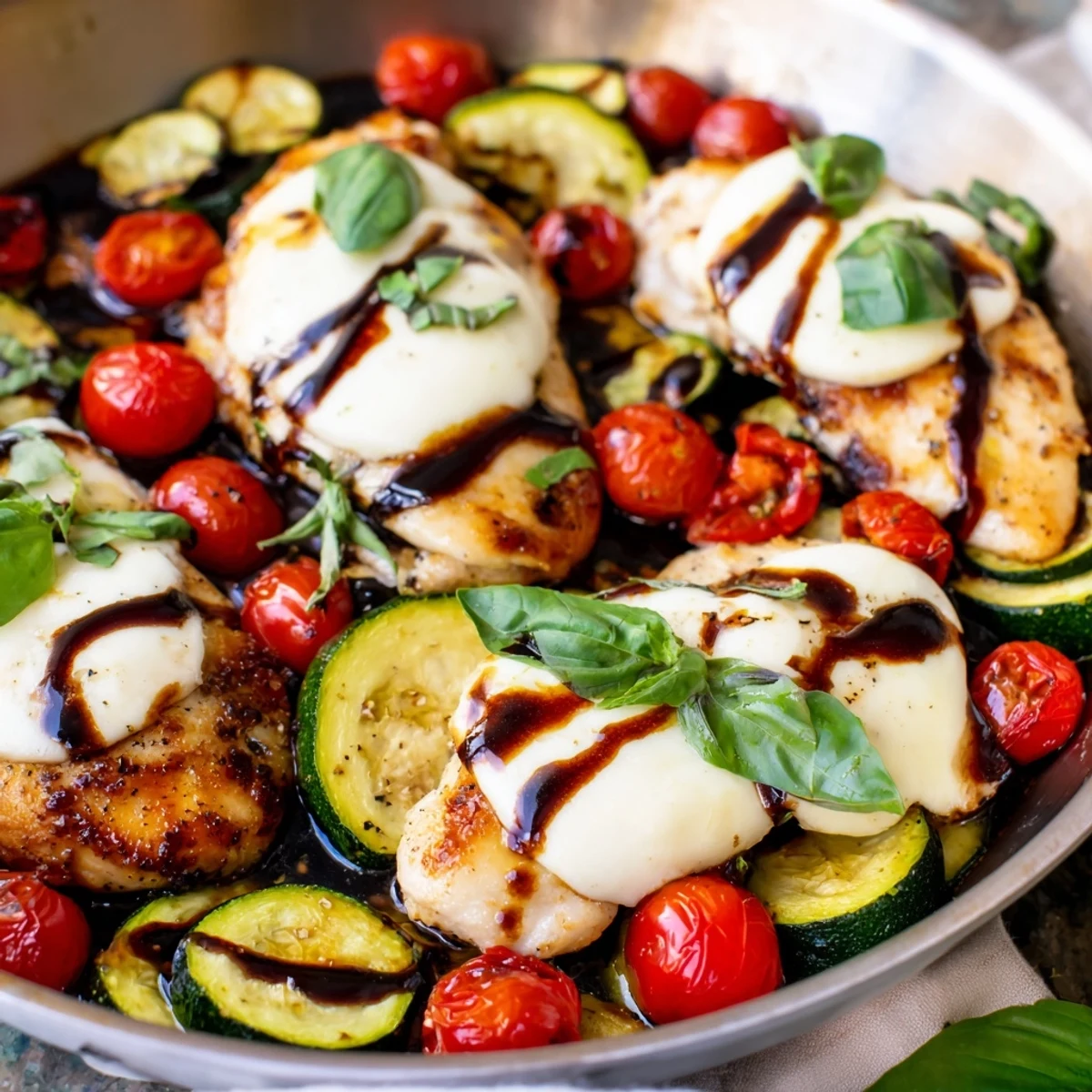 Sizzling Caprese chicken and zucchini skillet drizzled with balsamic and finished with fresh basil