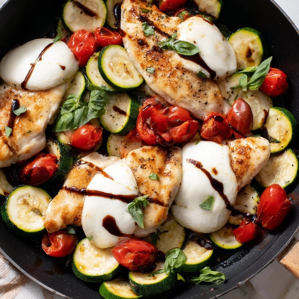 One-pan Caprese chicken with zucchini, fresh basil, and balsamic-glazed mozzarella cheese slices
