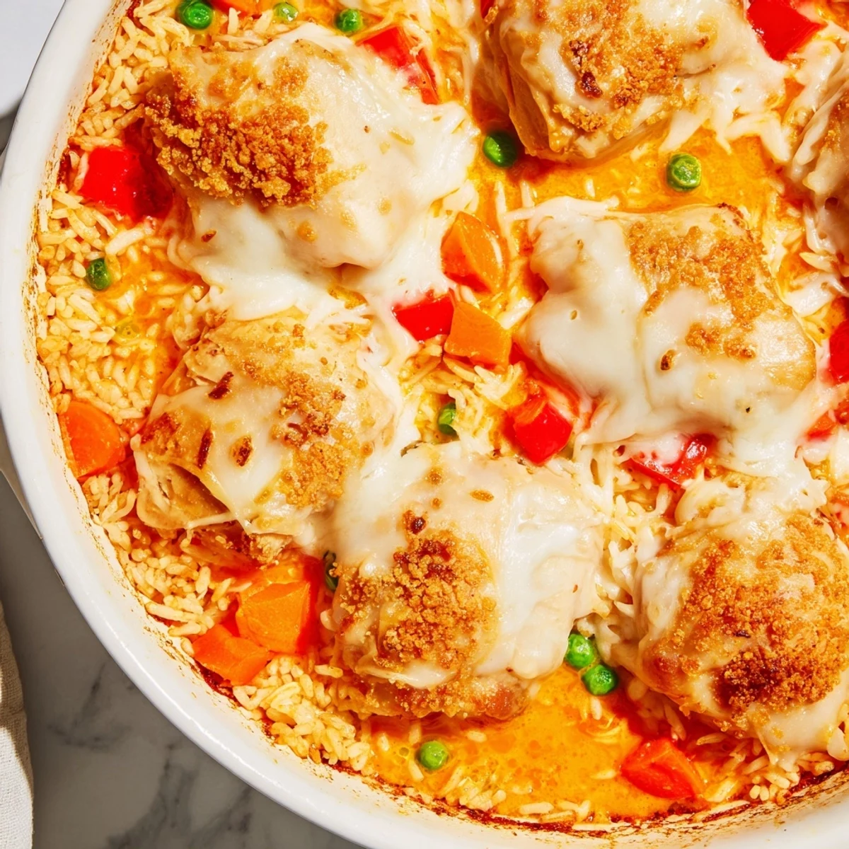 Golden cheesy Macau style baked Portuguese chicken rice with colorful vegetables in creamy coconut curry sauce