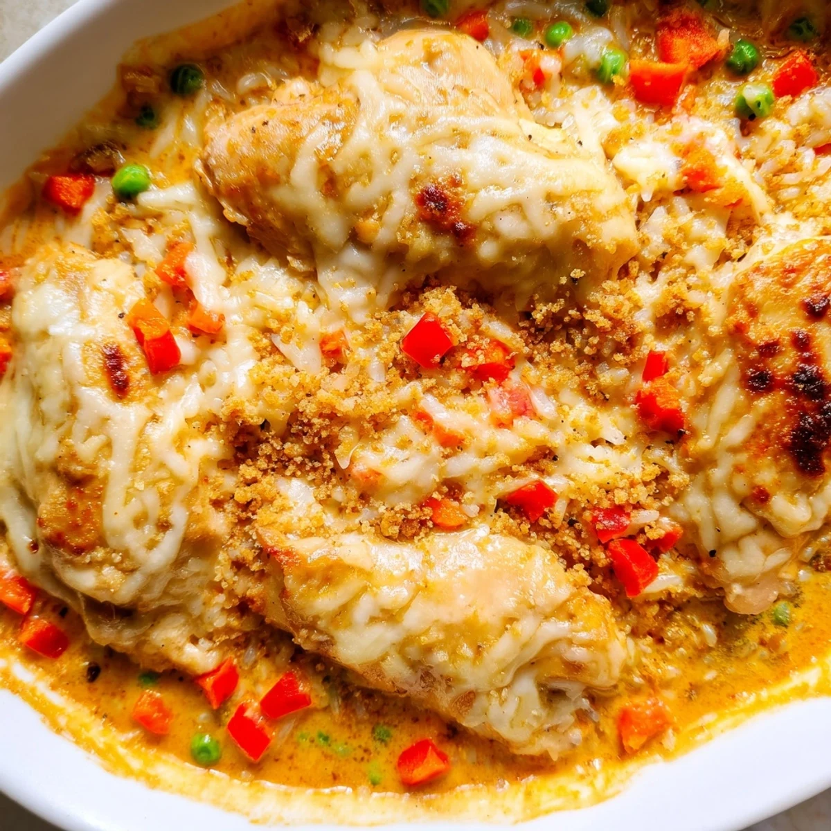 Bubbling baked Portuguese chicken rice casserole featuring tender chicken and melted mozzarella over fragrant jasmine rice