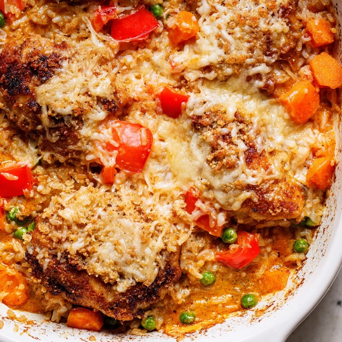 Creamy coconut curry baked chicken rice dish topped with golden cheese and vibrant bell peppers carrots