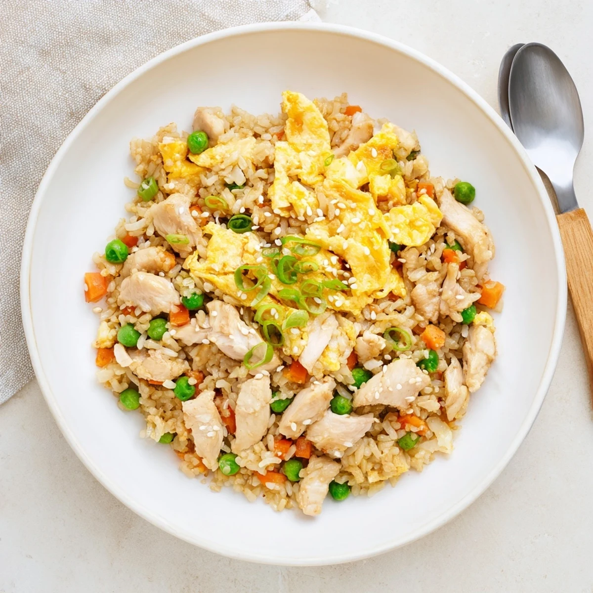 Golden egg ribbons garnish a steaming plate of chicken fried rice with colorful vegetables
