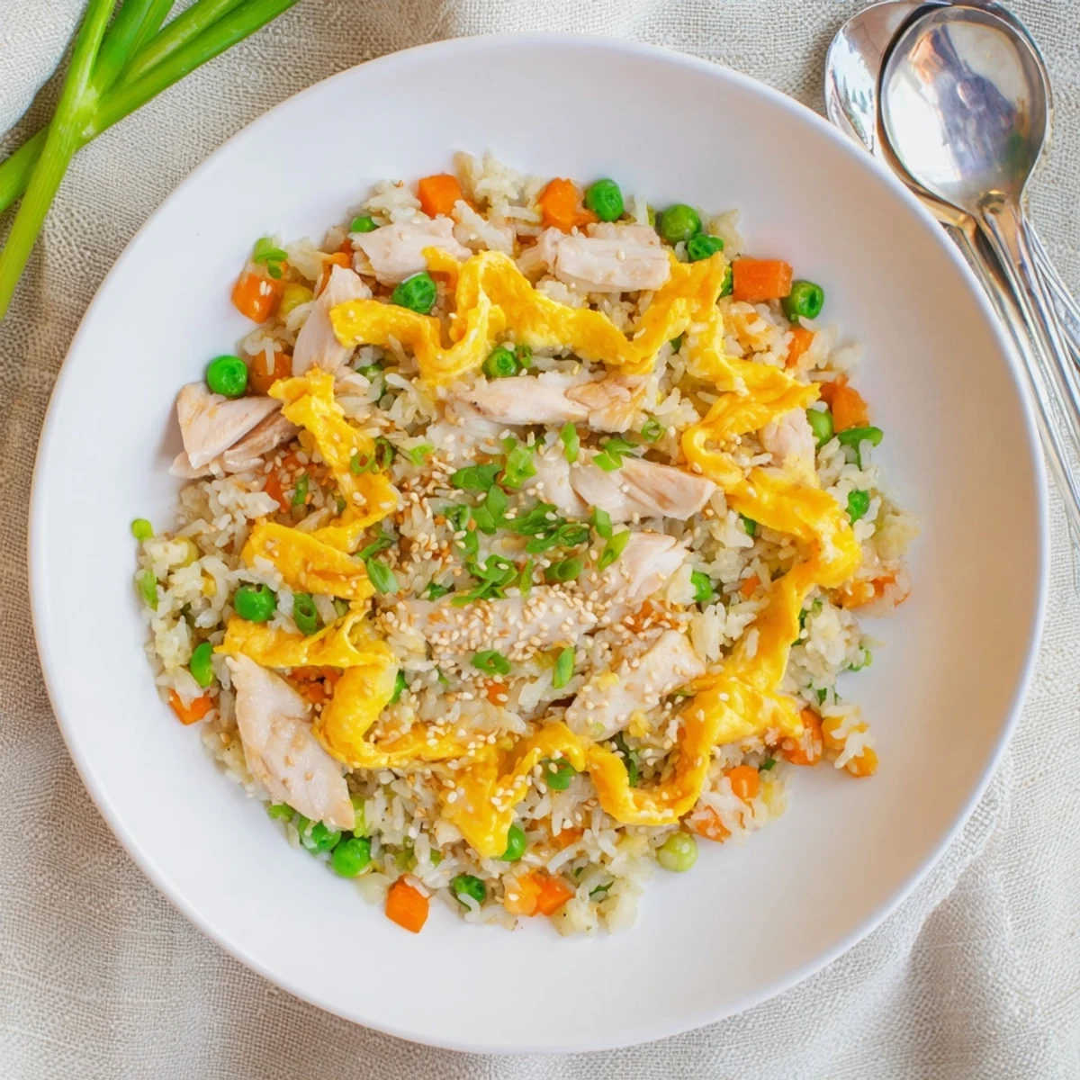 Tender chicken fried rice stir-fried with peas, carrots, and sliced omelette strips