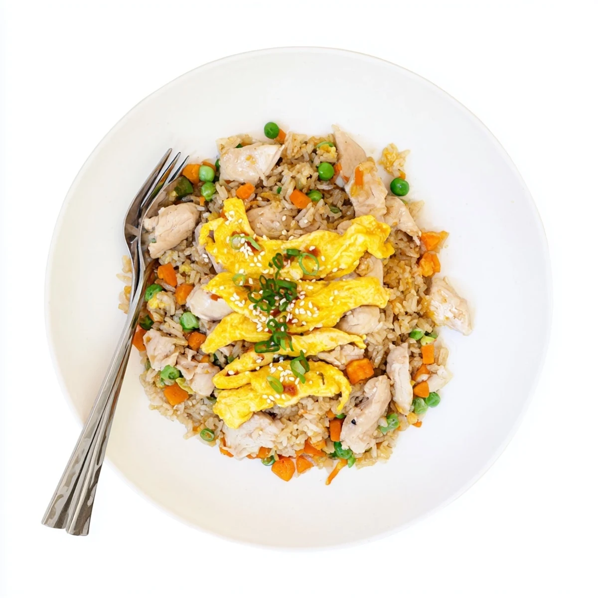 Wok-tossed chicken fried rice topped with fluffy egg omelette and fresh scallions