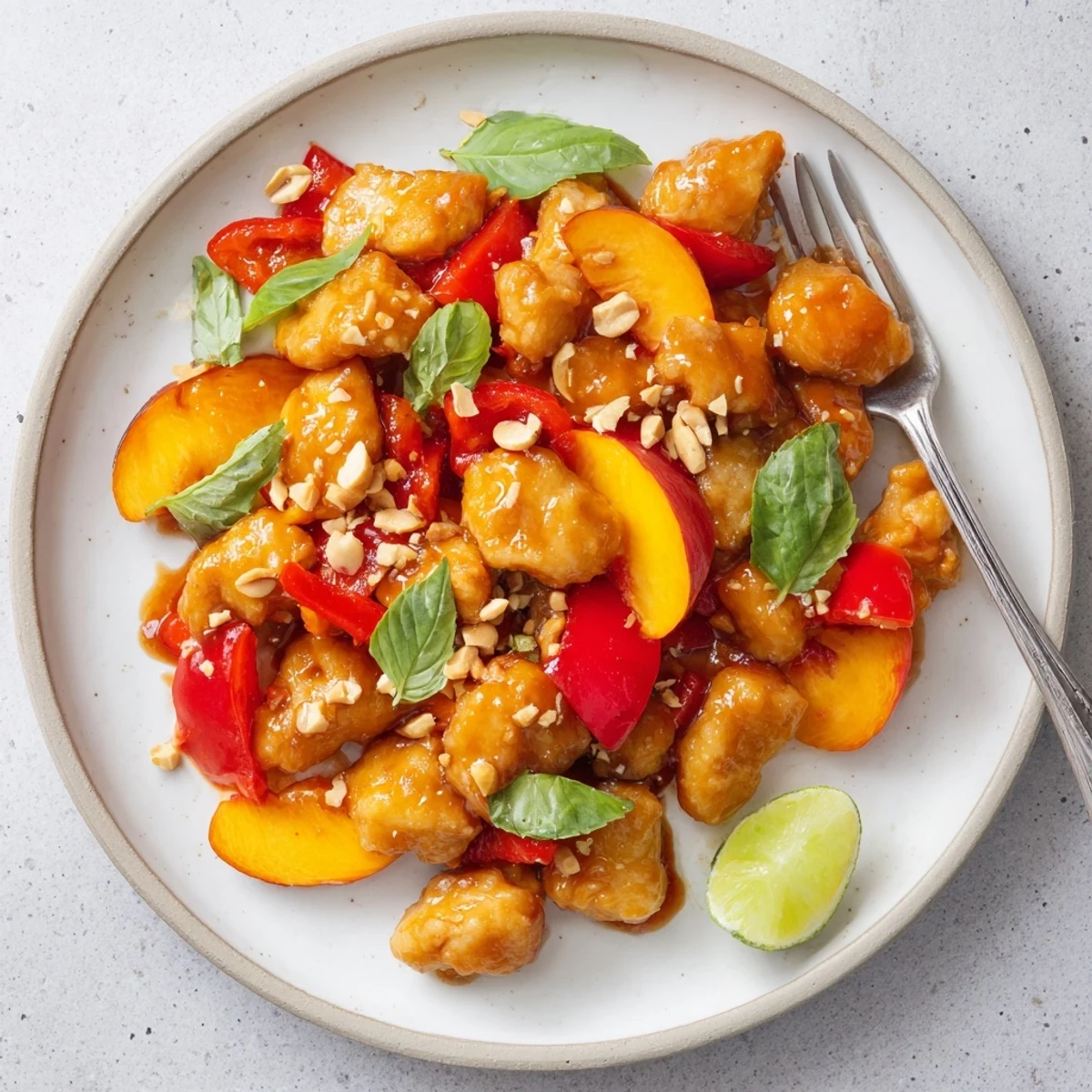 Golden Thai peach chicken plated with vibrant bell peppers and fresh basil garnish