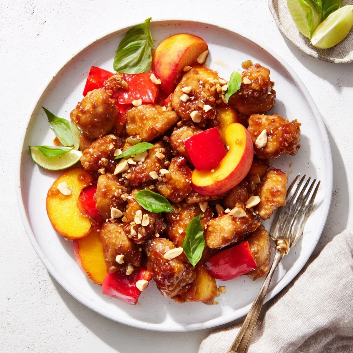 Savory chicken pieces simmered in sweet Thai chili sauce with sliced ripe peaches