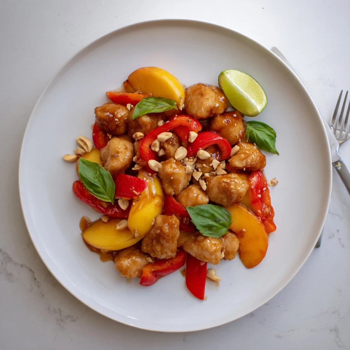 Fragrant Thai peach chicken stir fry served over rice with lime and peanuts