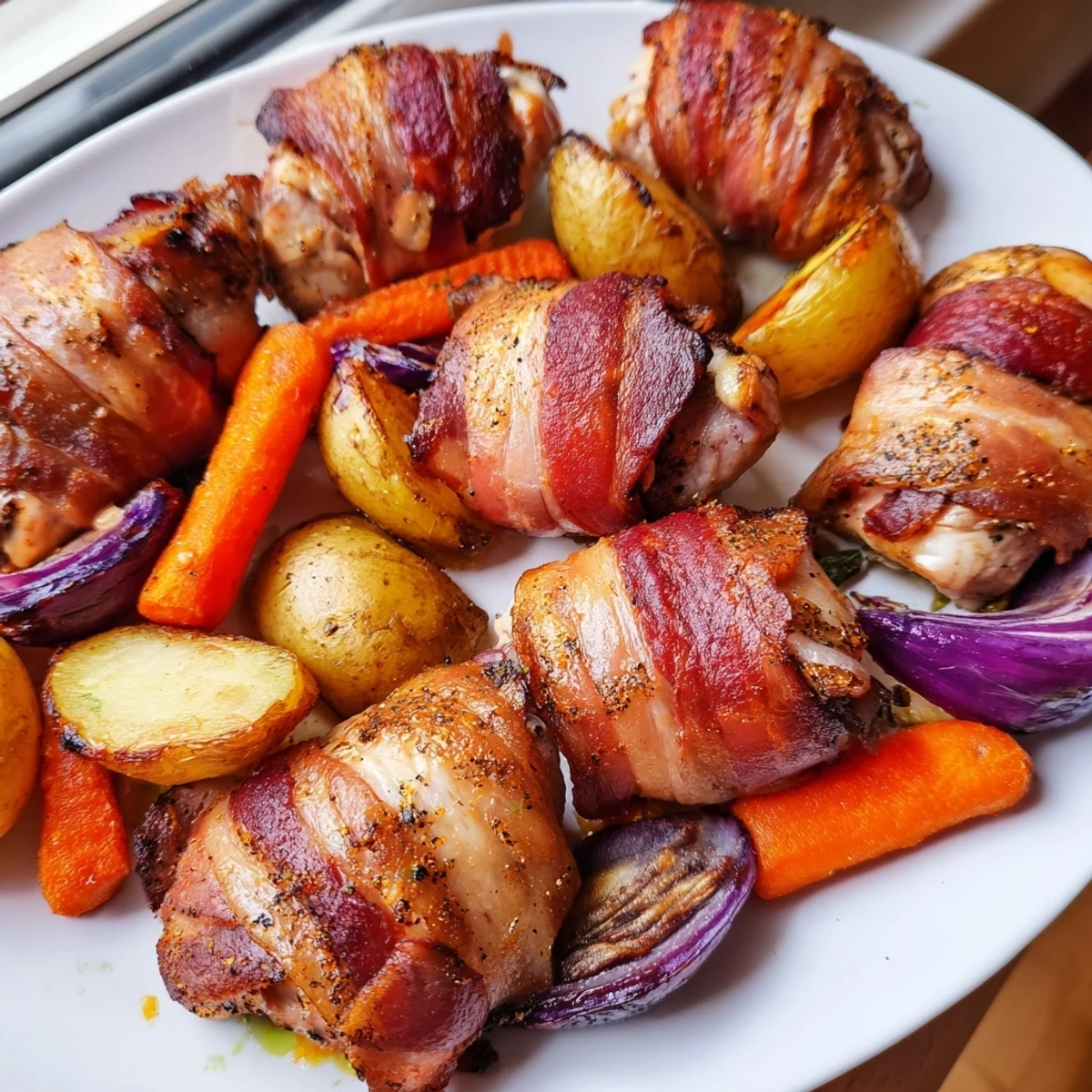 Golden bacon-wrapped chicken thighs roasted with colorful vegetables on a large baking tray