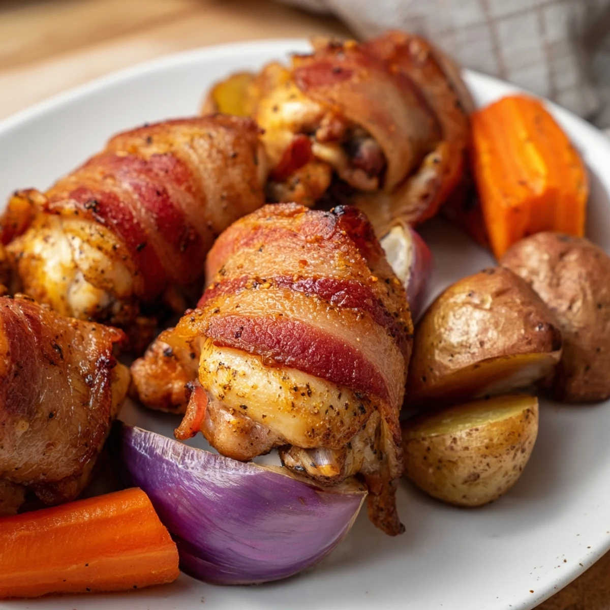 Crispy bacon encloses juicy chicken thighs nestled alongside roasted potatoes, carrots, and green beans