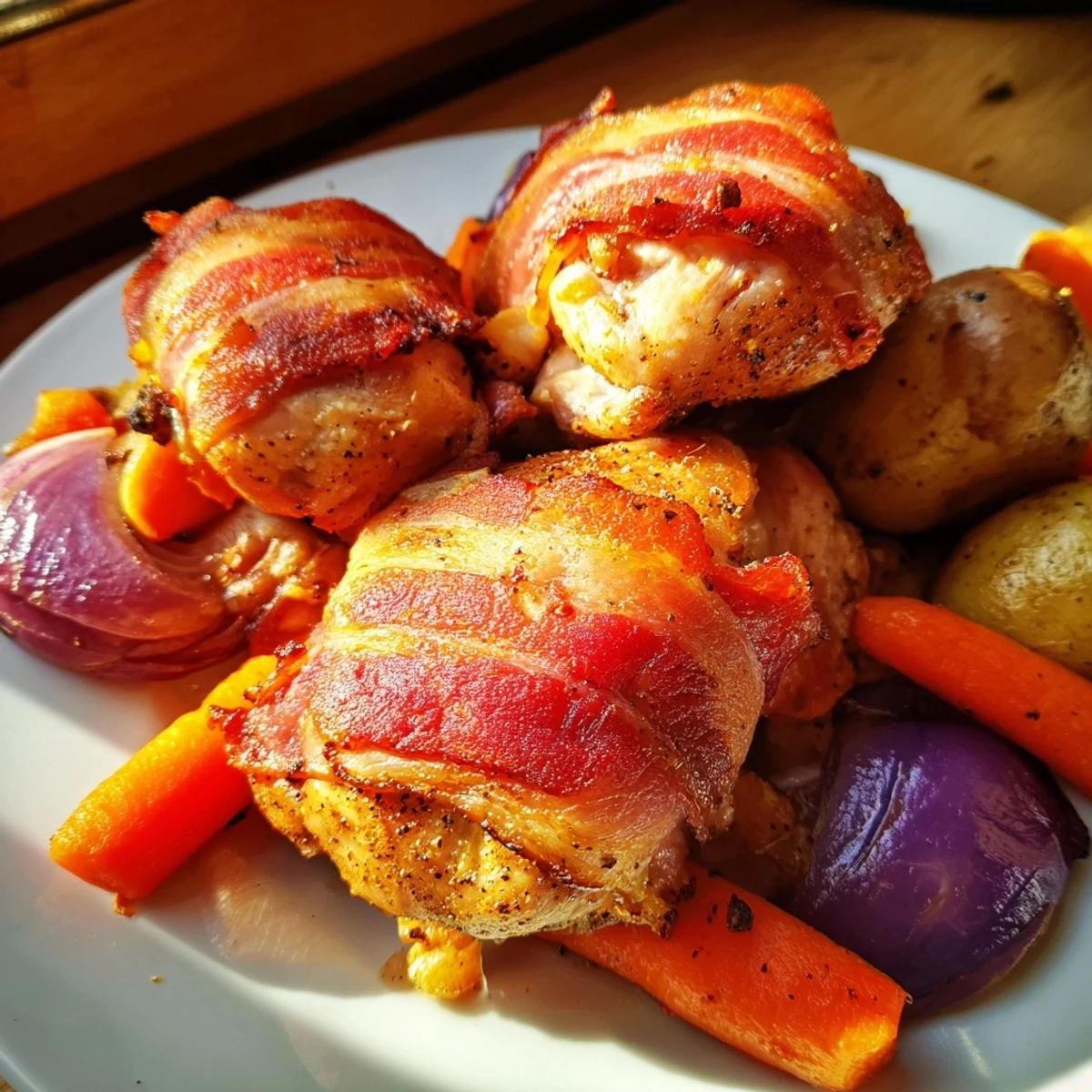 One-pan bacon wrapped chicken thigh tray bake featuring caramelized vegetables and perfectly cooked meat