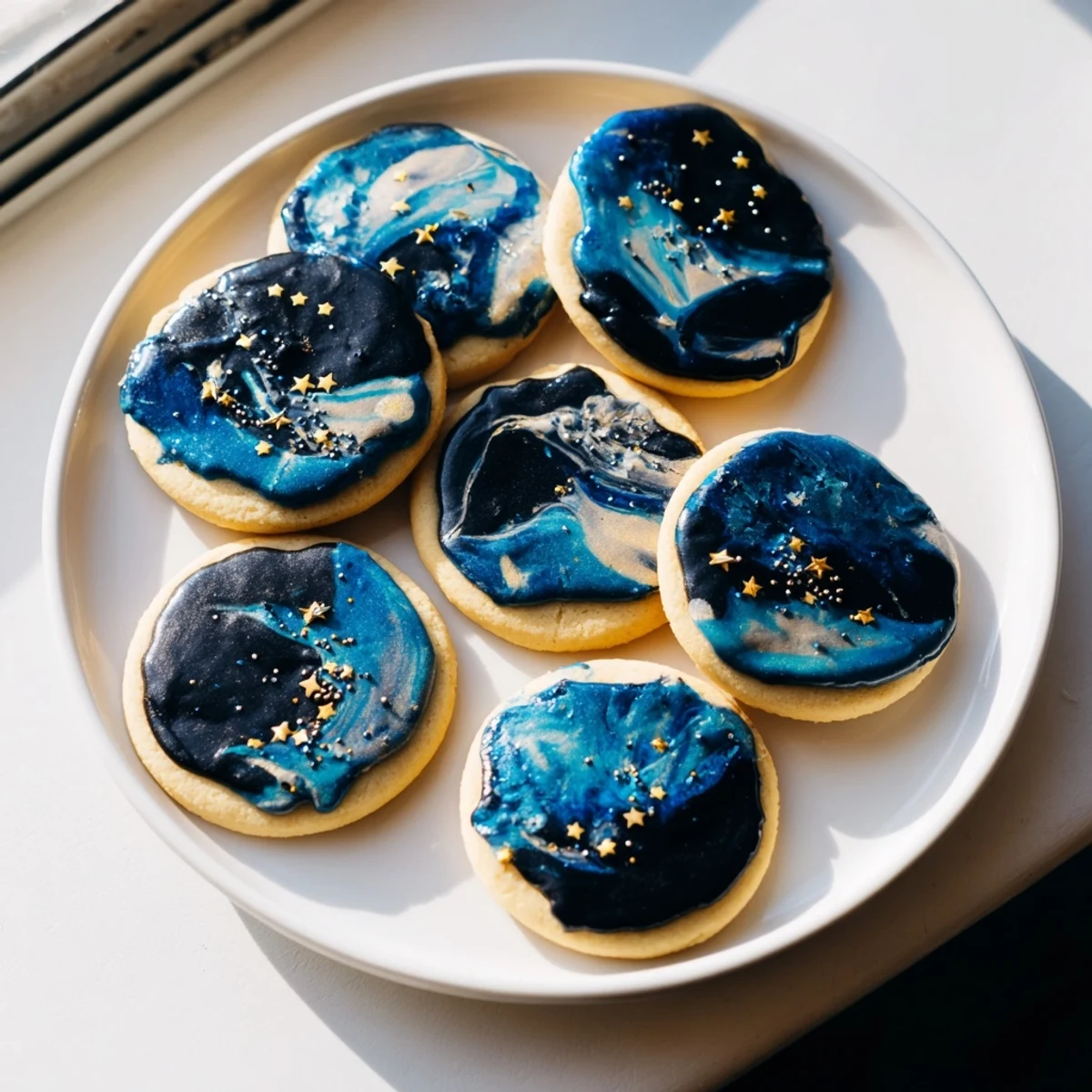 Starry Night Sugar Cookies topped with marbled blue icing and shimmering edible gold stars