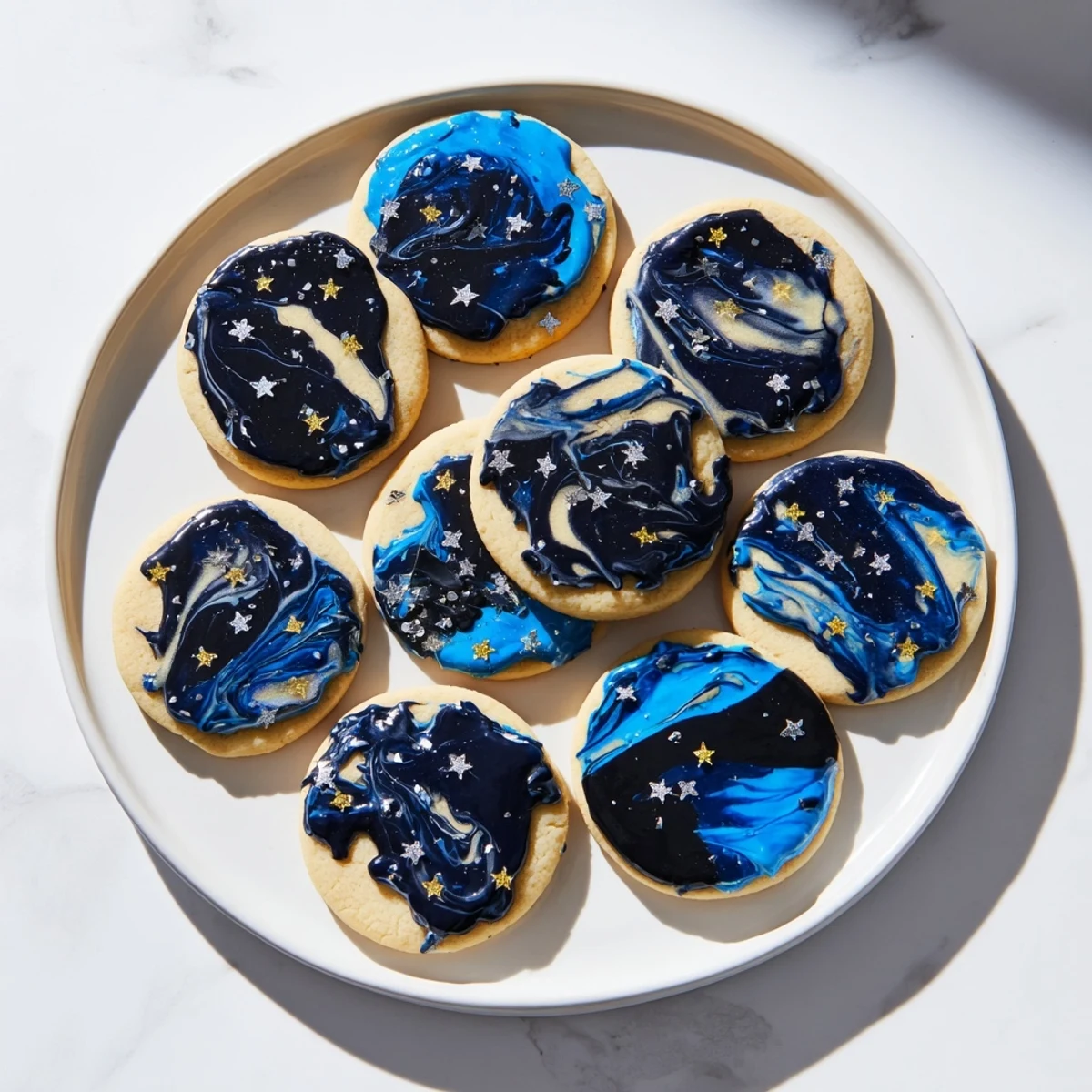 Vanilla Starry Night Sugar Cookies decorated with swirling dark blue icing and celestial star sprinkles