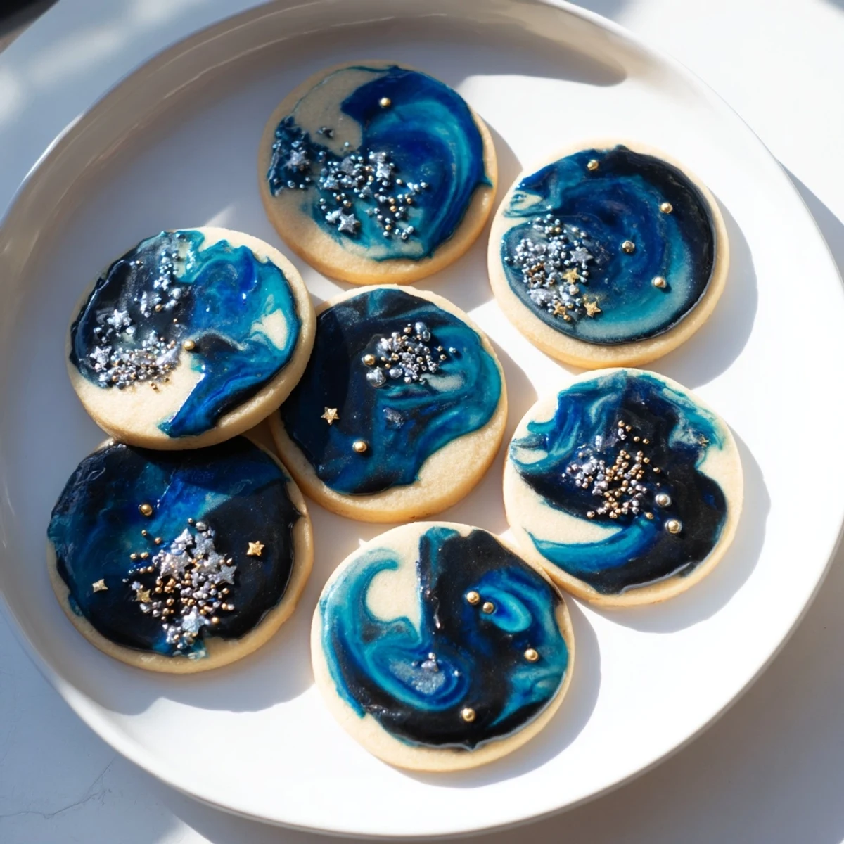 Celestial Starry Night Sugar Cookies featuring blue and black marbled glaze with sparkling star decorations