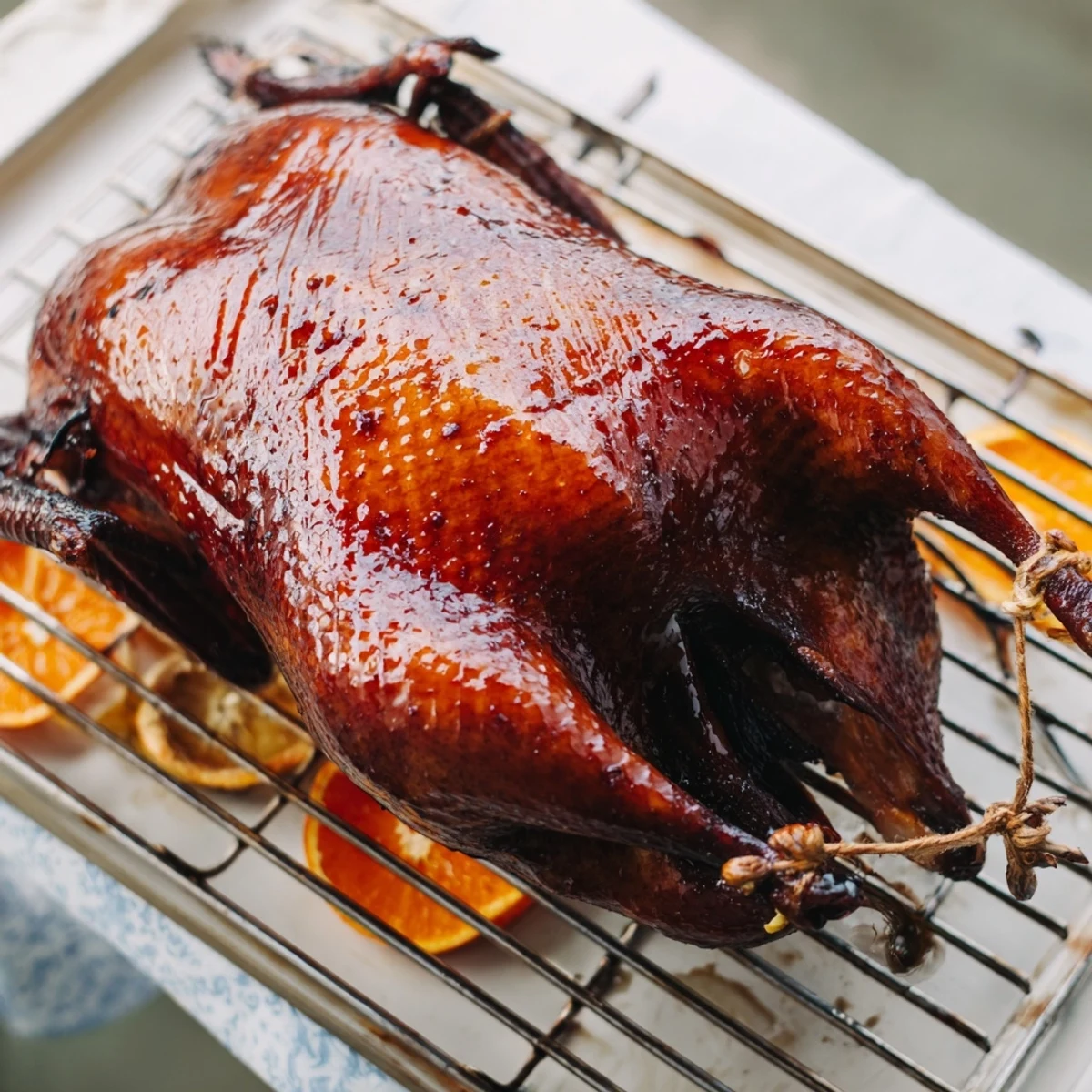 Golden five spice roasted duck with crispy caramelized skin and juicy aromatic meat