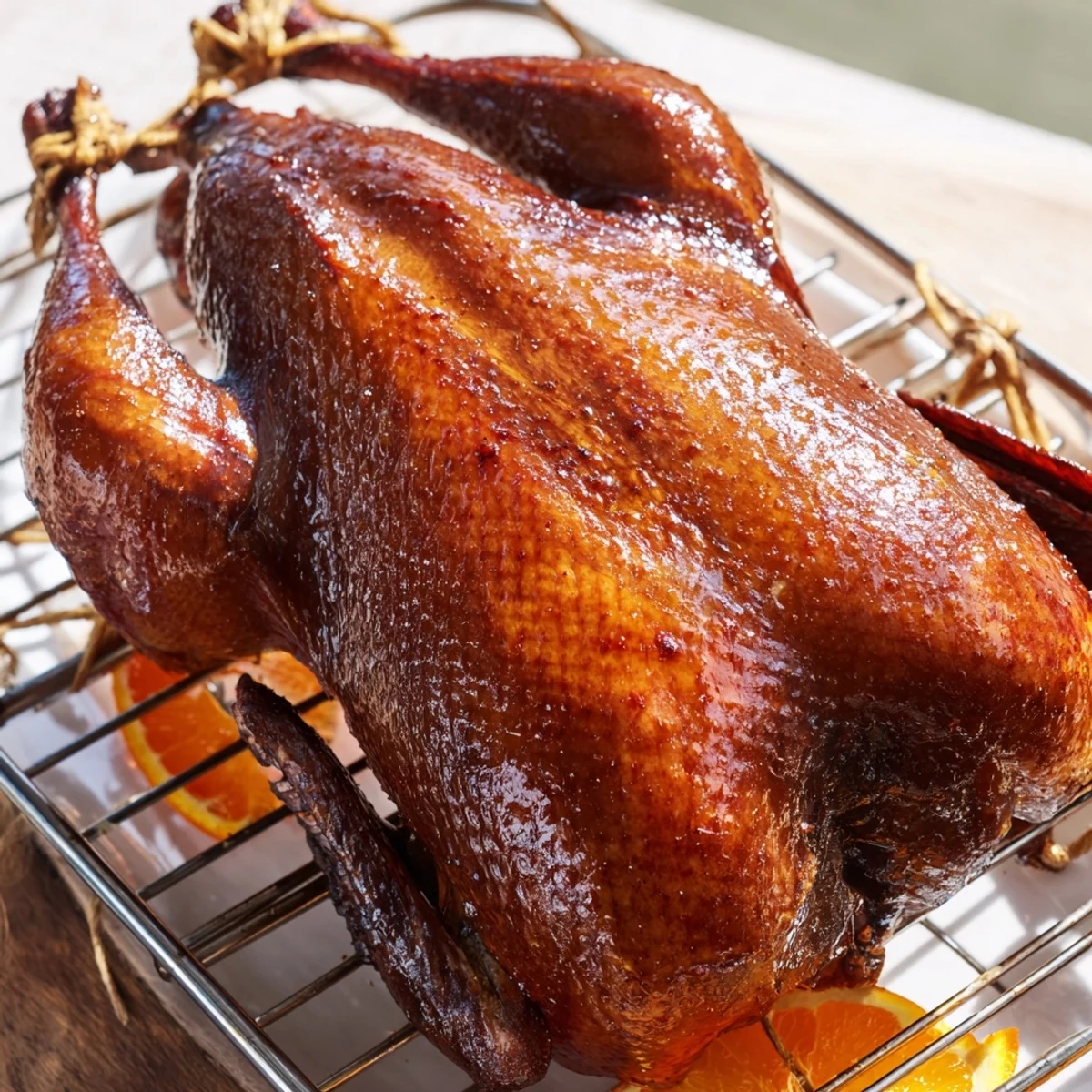 Whole roasted duck glazed with fragrant Chinese five-spice on a white serving platter