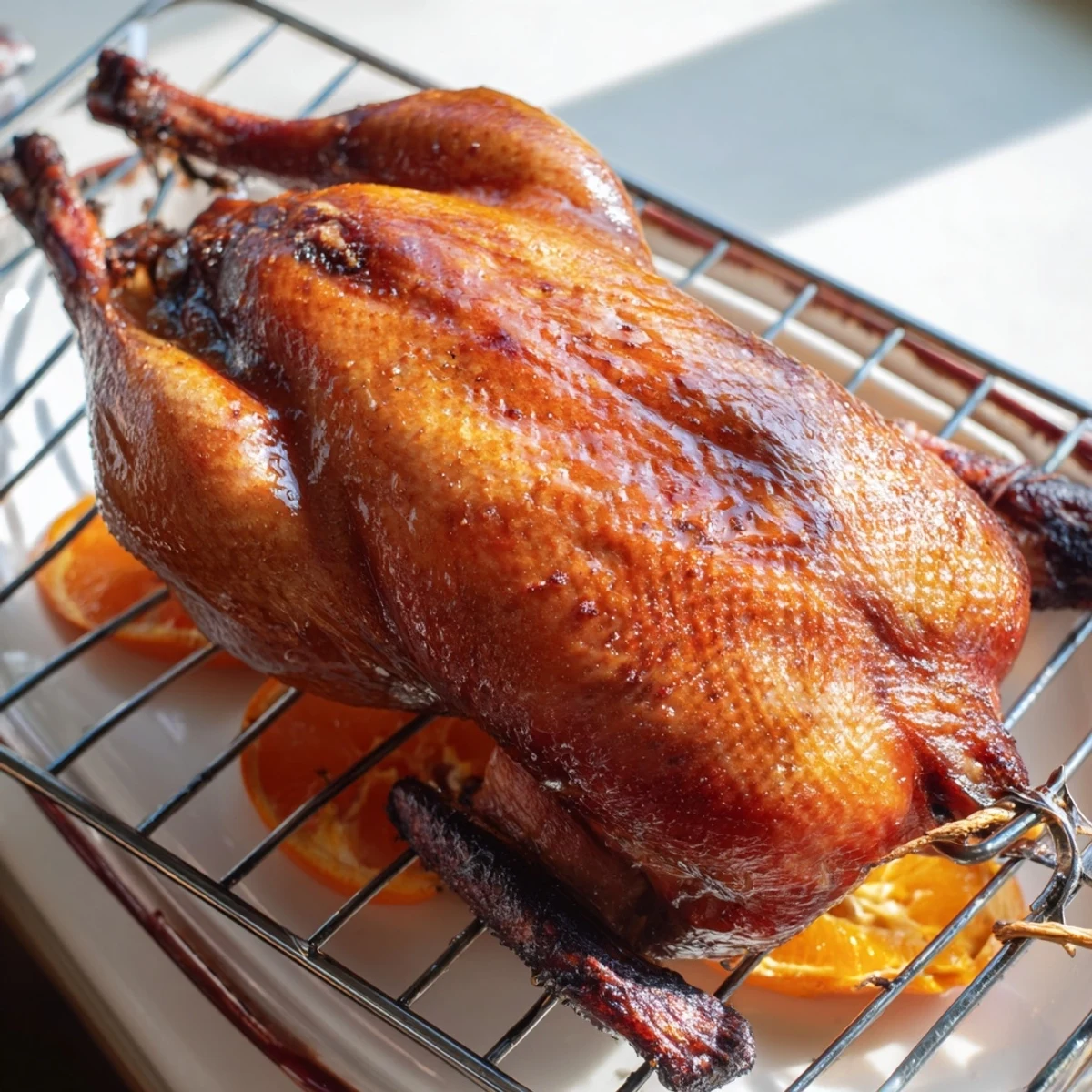 Beautifully carved five spice roasted duck breast pieces garnished with fresh green onions
