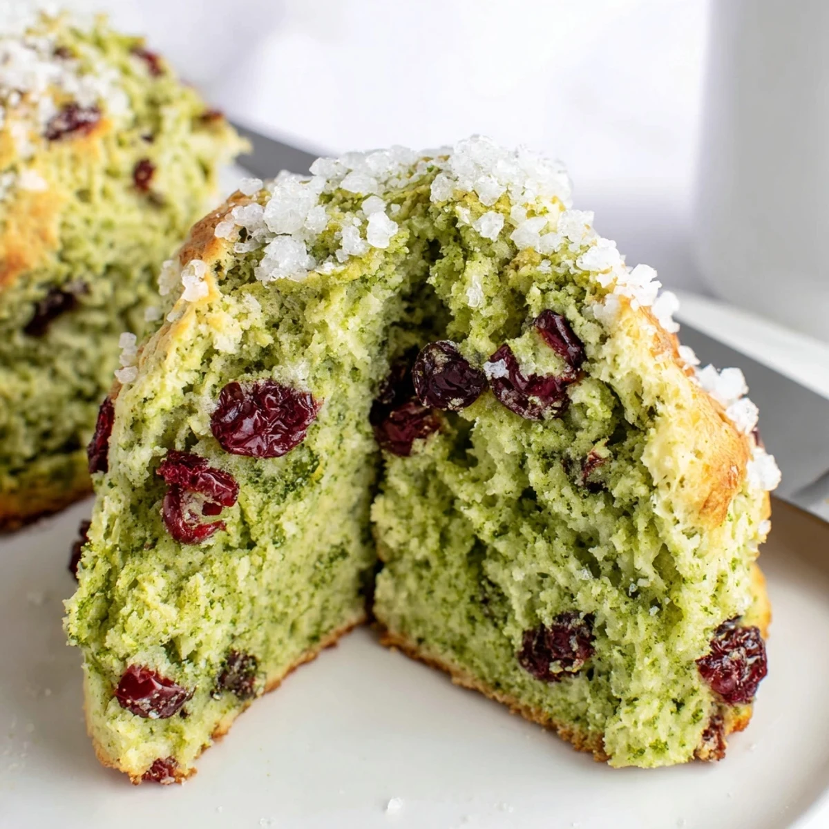 Flaky triangular scones featuring vibrant green matcha swirled with ruby red dried cranberries