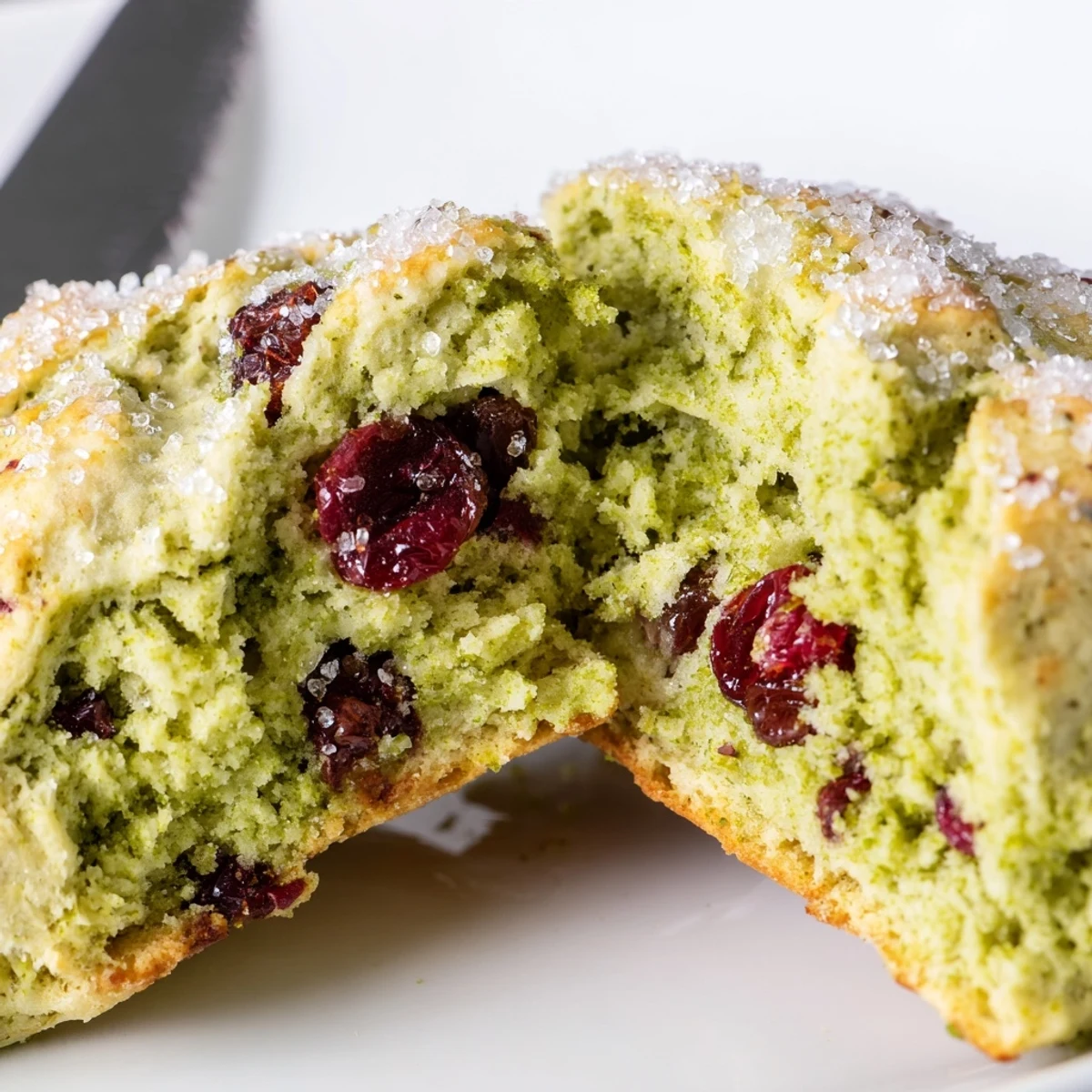 Golden matcha cranberry scones scattered on a rustic wooden board with loose tea leaves