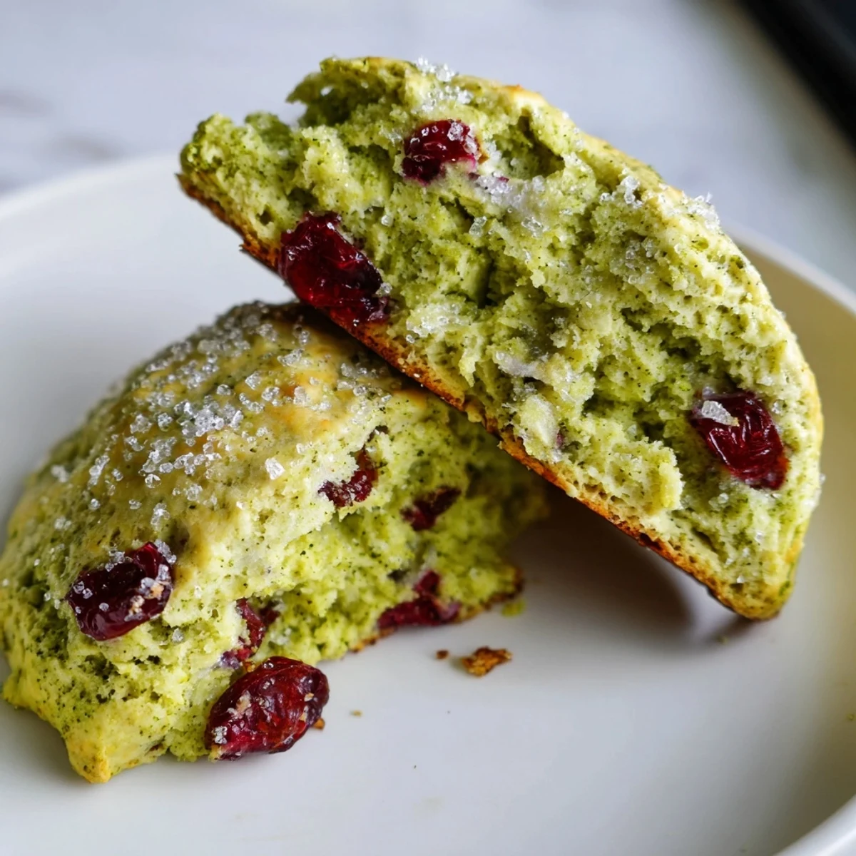 Freshly baked matcha cranberry scones cooling on a wire rack with sugar-dusted tops